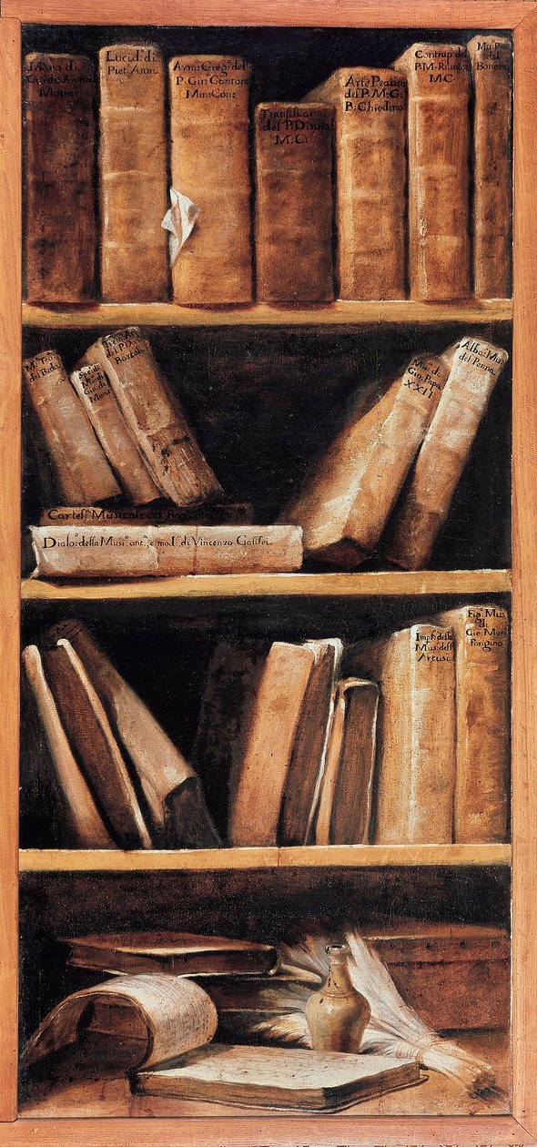 Zátiší knihovna s hudebními knihami. Obraz Giuseppe Maria Crespi dit lo Spagnolo (Španěl) (1665-1747) 1715 Bologna, hudební konzervatoř od Giuseppe Maria Crespi
