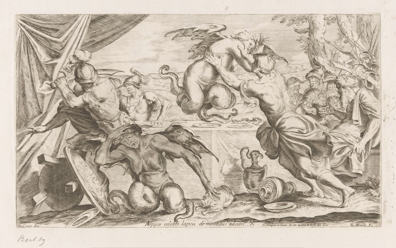 Aeneas a jeho společníci bojují s Harpyjemi Arpijae celebri lapsu de montibus adsunt (název na objektu) Putování Aeneas (název série) L