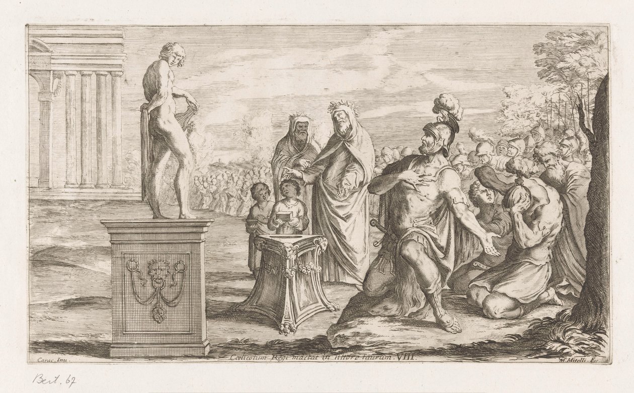 Aeneas se nabízí Apollónovi Král Coelicolus zabíjí býka na pláži (název na předmětu) Omzwervingen van Aeneas (název série) L