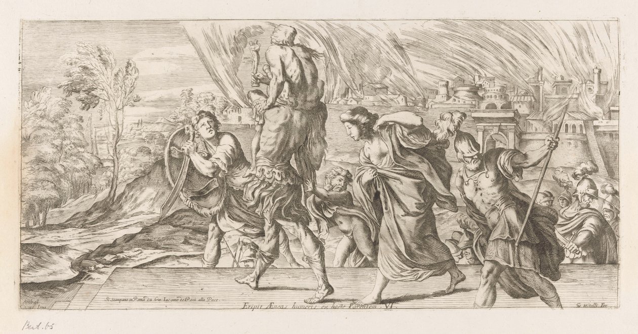 Aeneas vlucht met zijn familie uit Troje Záchrana Aenease z ramen nepřátelského rodiče (titul na předmětu) Omzwervingen van Aeneas (název série) L
