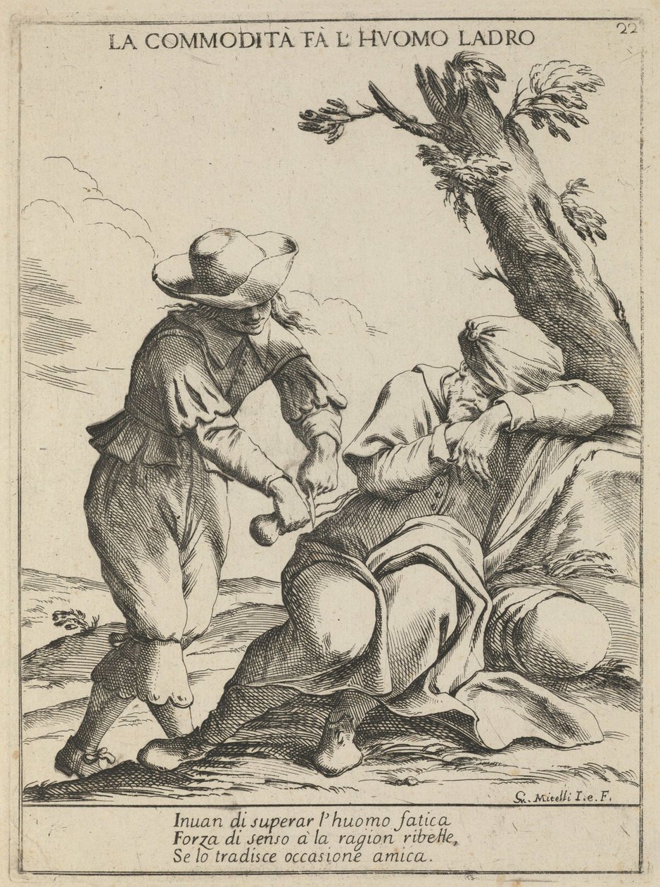 Příležitost dělá zloděje. La commodità fa luomo ladro, 1678 od Giuseppe Maria Mitelli