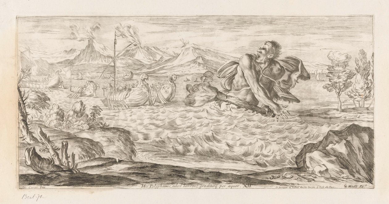 Polyphemus achtervolgt de vloot van Aeneas Zde je přítomen Polyphemus, příšerný, kráčí po pláni (název na předmětu) Omzwervingen van Aeneas (název série) L