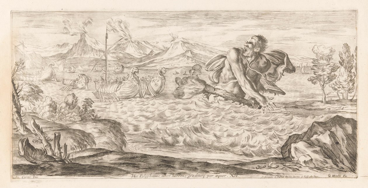 Polyphemus achtervolgt de vloot van Aeneas Zde je přítomen Polyphemus, příšerný, kráčí po pláni (název na předmětu) Omzwervingen van Aeneas (název série) L