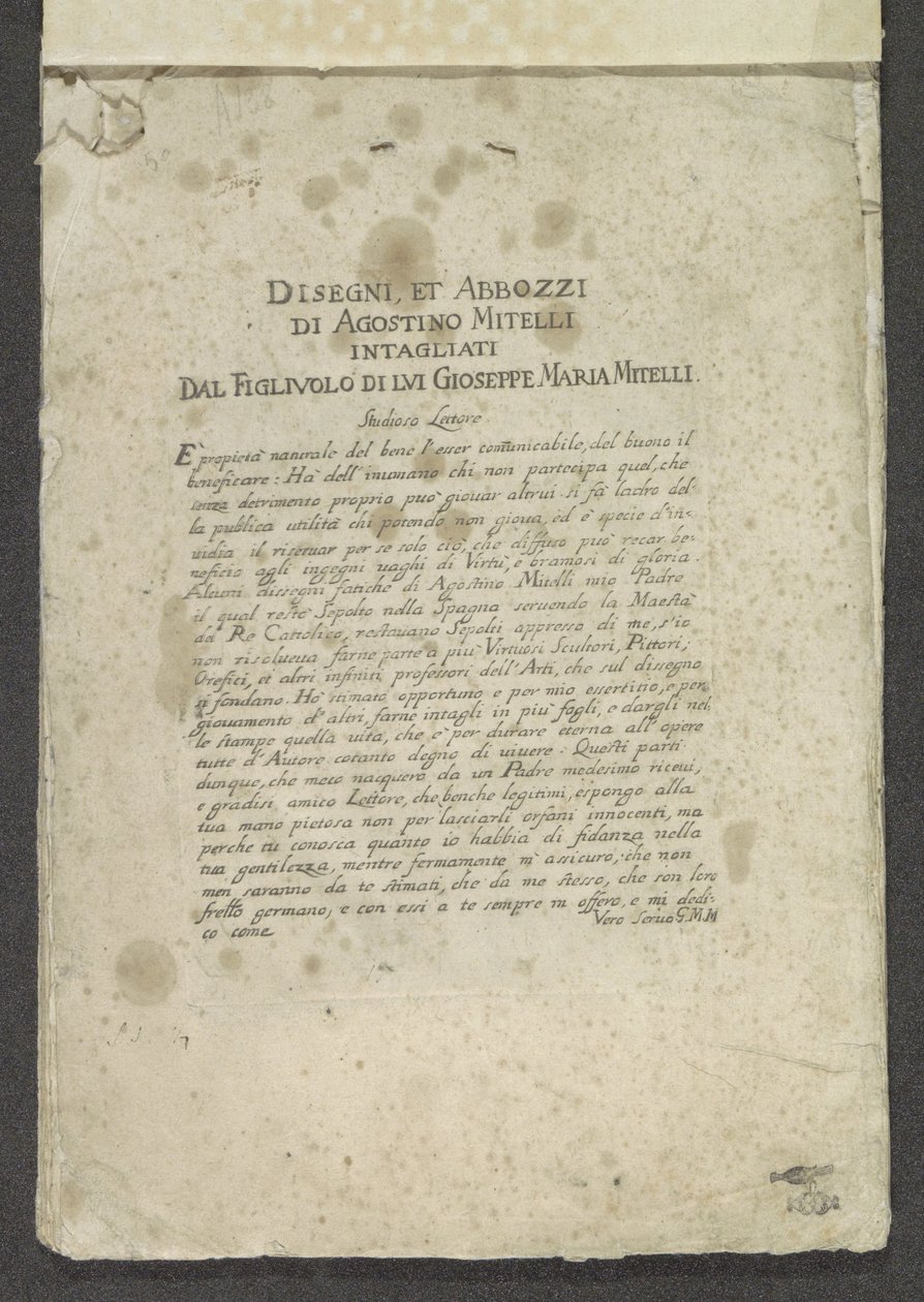 Zadán tisk titulu s předmluvou Ornamenten (název série) Kresby a skici od Agostina Mitelliho Vyřezal jeho syn Gioseppe Maria Mitelli (název série na objektu) od Giuseppe Maria Mitelli