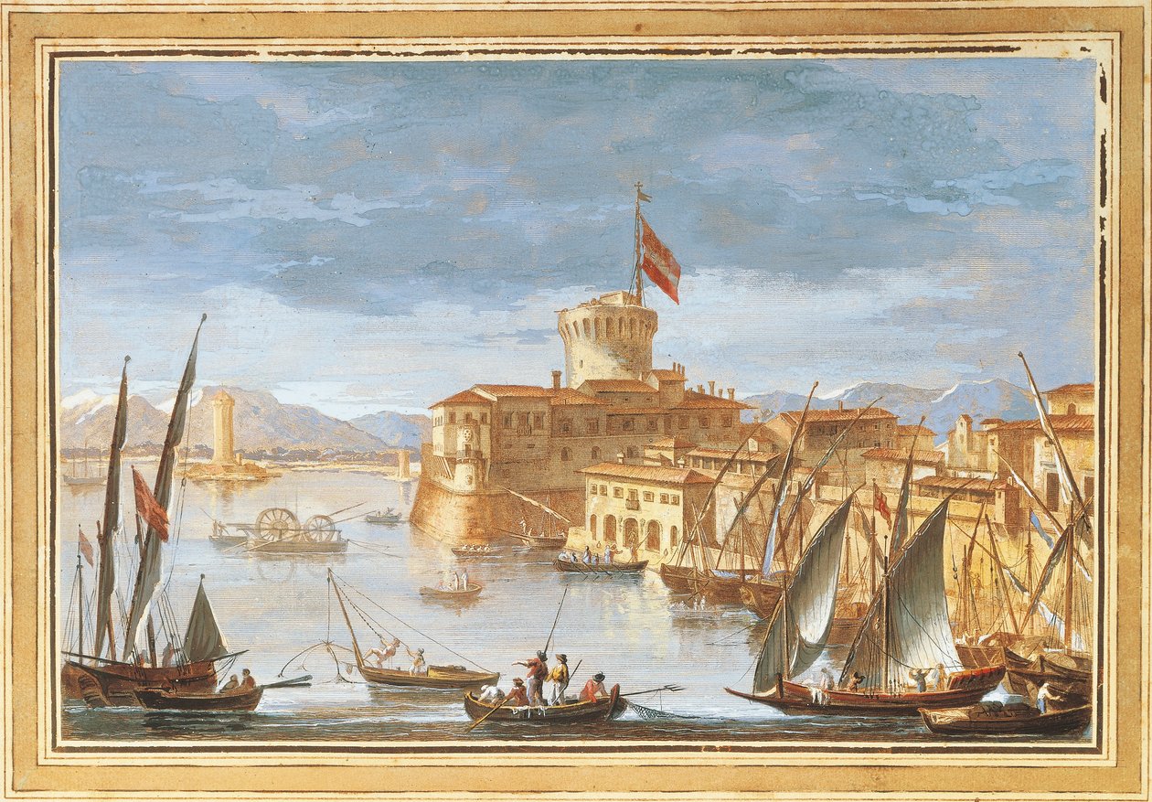 Pohled na přístav Livorno, Giuseppe Maria Terreni, ilustrace od Giuseppe Maria Terreni