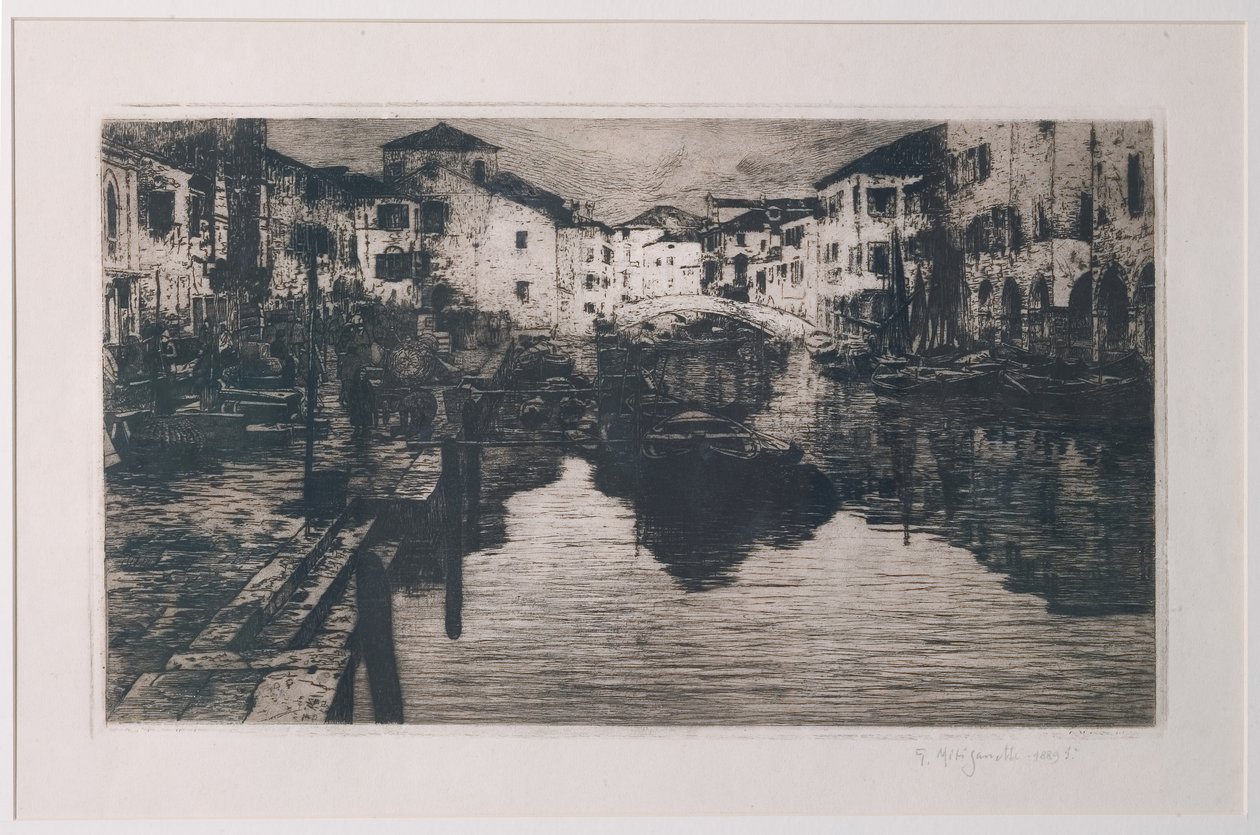 Rybí trh Canal v Chioggia (lept na bílý papír) od Giuseppe Miti Zanetti