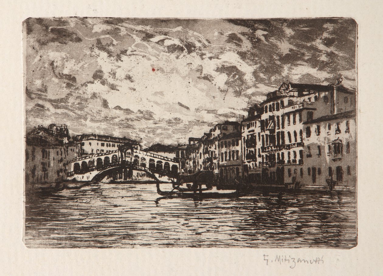Most Rialto v Benátkách (lept a akvatinta na bílém papíře) od Giuseppe Miti Zanetti