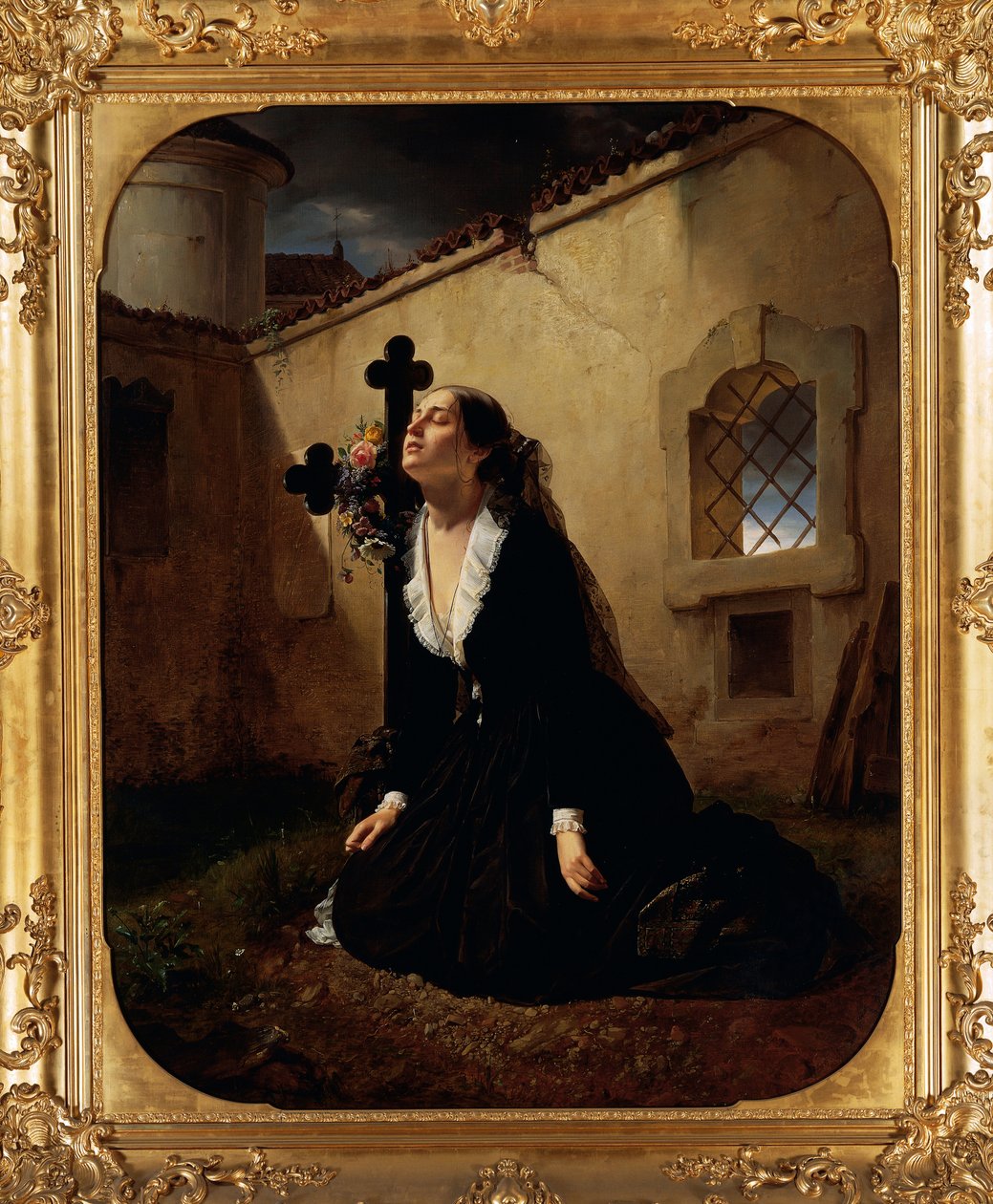 Naříkající nad ztrátou milované osoby nebo manželky plukovníka Manary u hrobu jejího manžela, Giuseppe Molteni (1800-1867), olej na plátně od Giuseppe Molteni