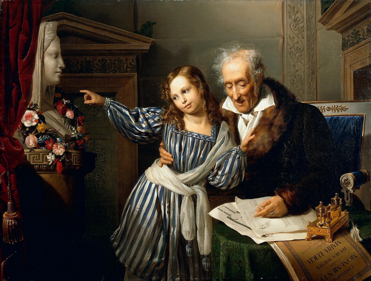 Stařec ukazuje Herm Maria Luigia své vnučce, Giuseppe Molteni, kolem roku 1830, olej na plátně od Giuseppe Molteni