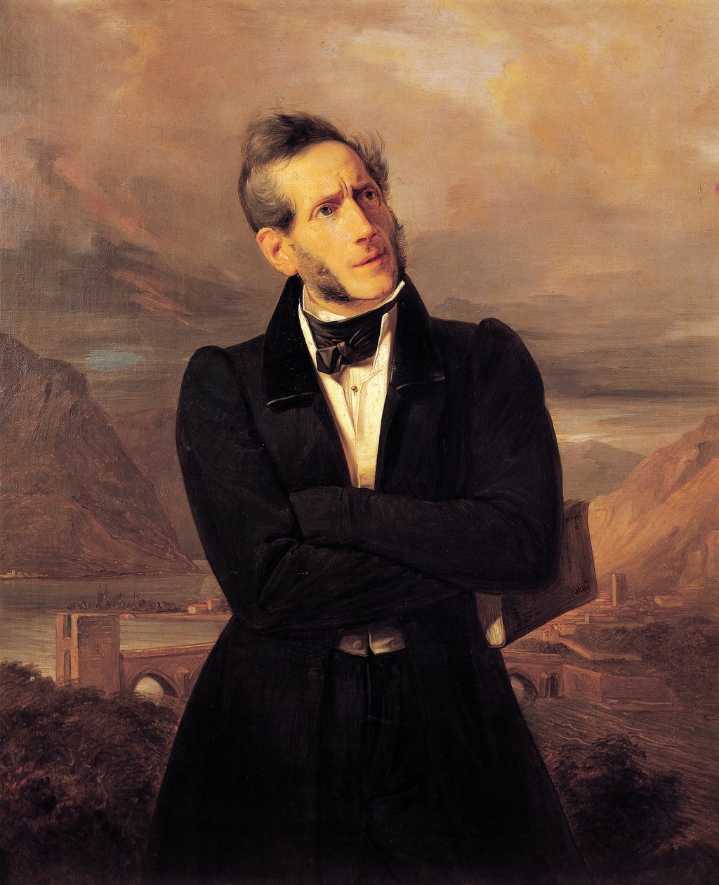 Portrét Alessandra Manzoniho s pohledy na Lecco, obraz Giuseppe Molteni (1800-1867), krajina maloval Massimo d