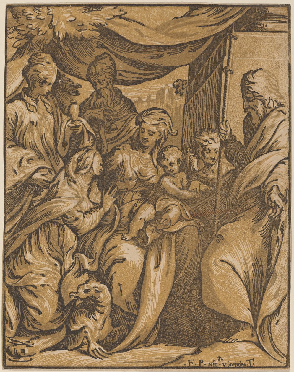 Panna a dítě se svatými od Giuseppe Nicolo Vicentino, after Camillo Boccaccino