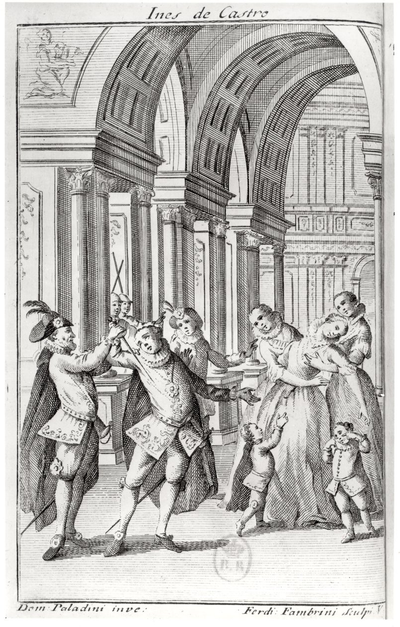 Ilustrace z frontispisu knihy "Ines de Castro" od Antoina Houdara de La Motte (1672-1731), kterou vyryl Ferdinando Fambrini. od Giuseppe Paladini