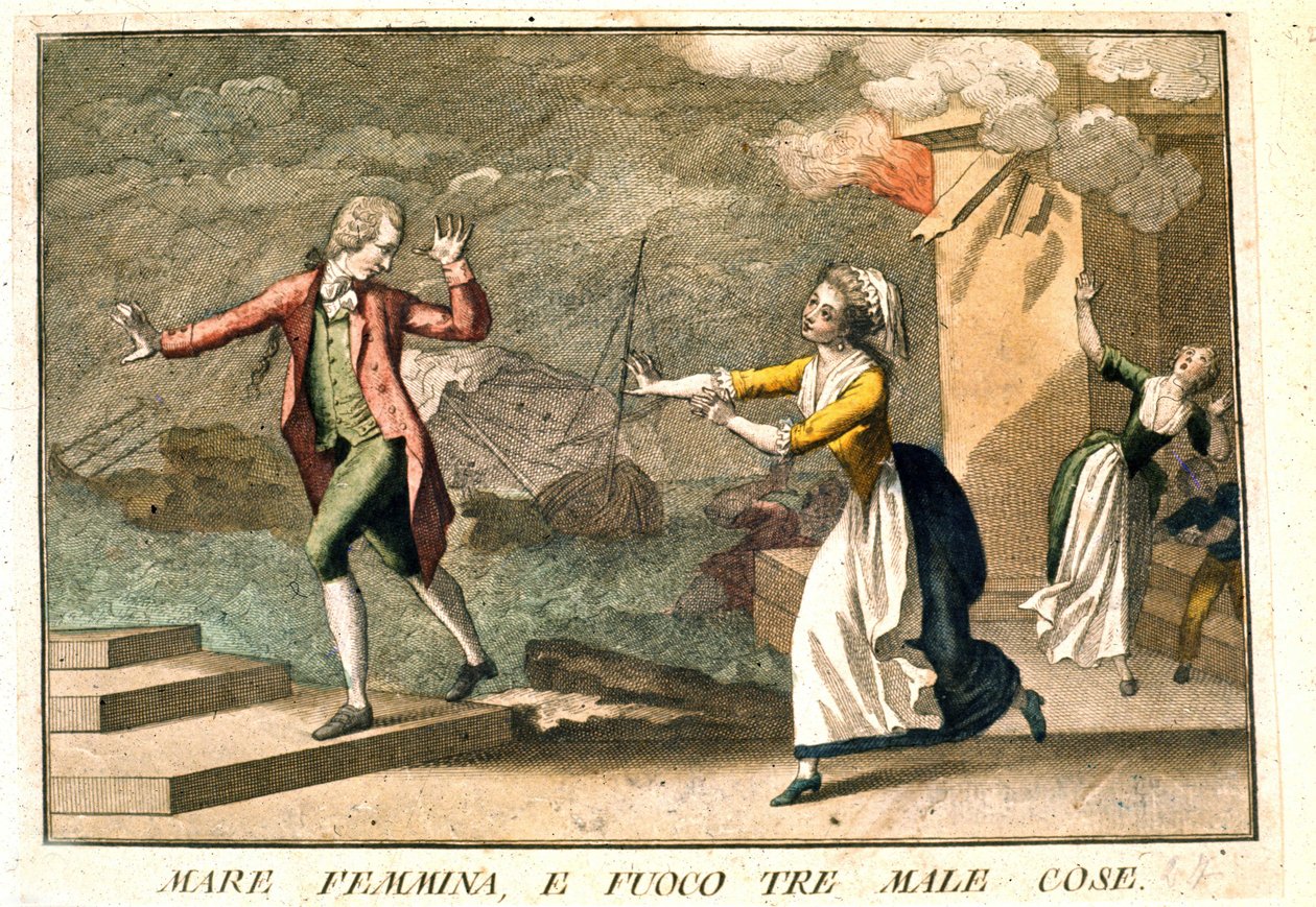 Rčení: „Moře, ženy a oheň: tři zla“. Rytina z 18. století ilustrující řadu přísloví. Giuseppe Piattoli (1740/50-1818). od Giuseppe Piattoli