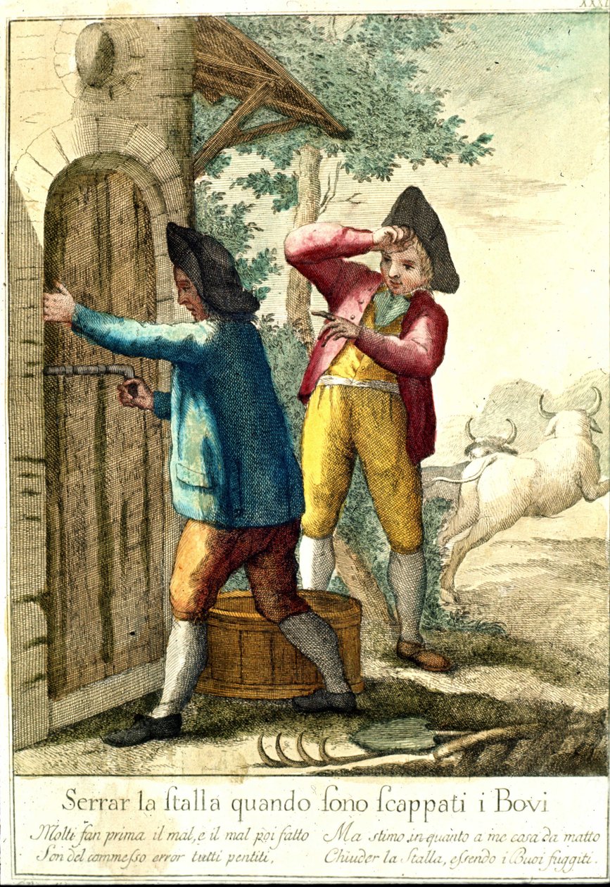 "Nemá smysl zavírat stáj, když koně utekli." Rytina z 18. století ilustrující řadu přísloví. Giuseppe Piattoli (1740/50-1818) od Giuseppe Piattoli