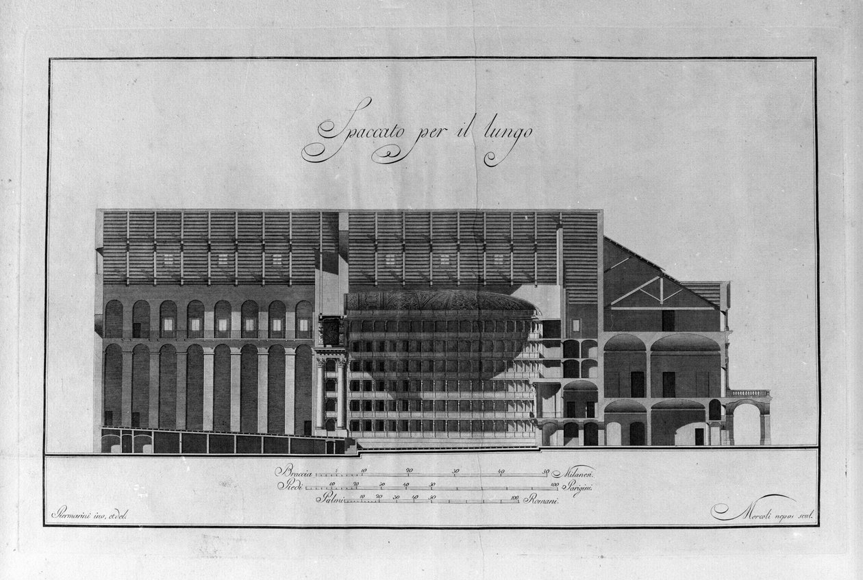 Architektonický pohár divadla La Scala od Giuseppe Piermariniho (1734-1808) ca. 1776-1778 Milán Itálie (výřezová kresba architektury divadla alla Scala od Piermariniho, Milán, Itálie) Rytina od Giuseppe Piermarini