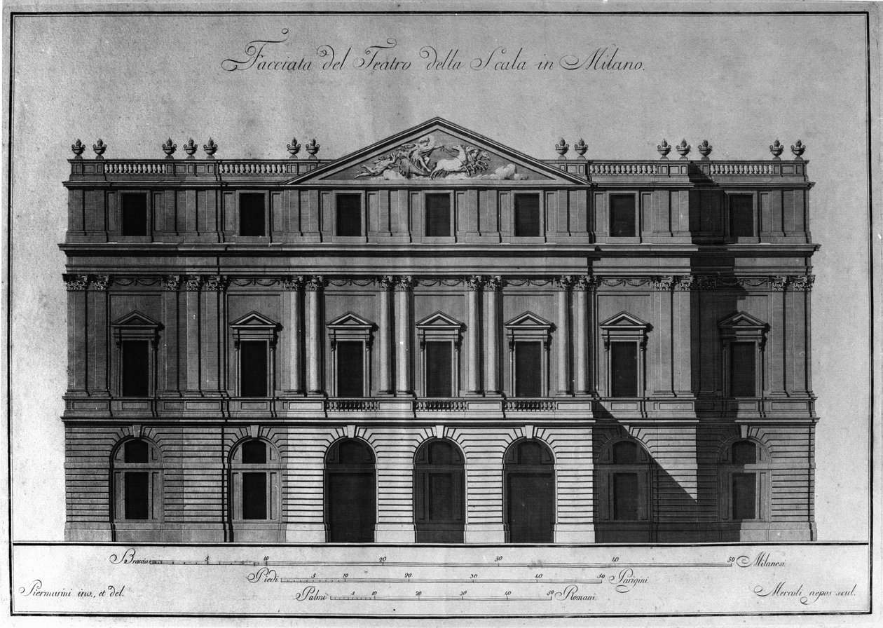 Nákres vnější architektury fasády Teatro alla Scala (Theatre de la Scala) v Miláně realizovaný Giuseppem Piermarinim (1734-1808). od Giuseppe Piermarini