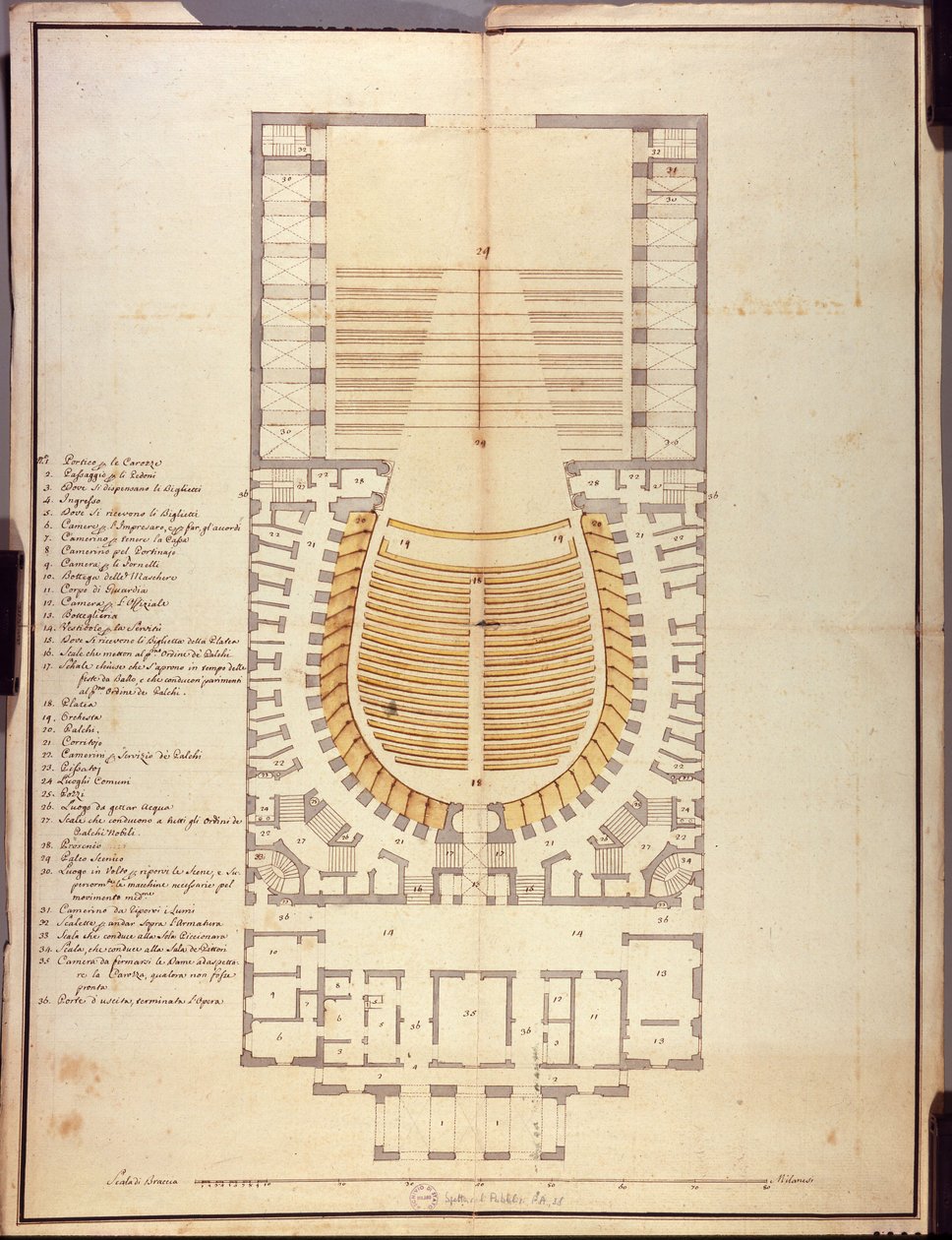 Originální kresba architektury interiéru divadla Teatro alla Scala od Giuseppe Piermarini