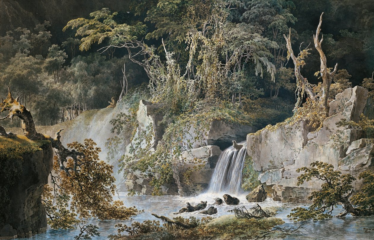 Krajina s vodopádem, Giuseppe Pietro Bagetti (1764-1831). od Giuseppe Pietro Bagetti