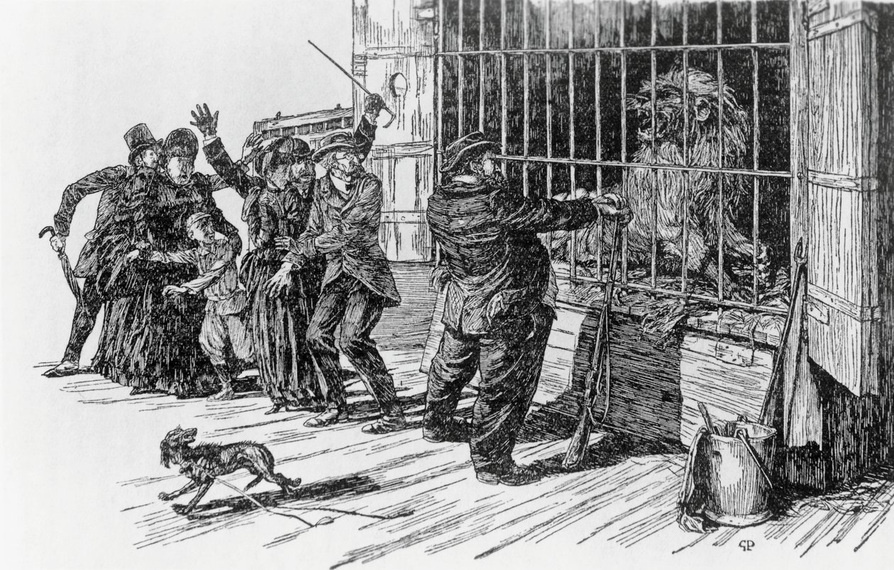 Tartarin a lví klec, ilustrace k Tartarinovi v Alpách od Alphonse Daudeta Milana od Giuseppe Porcheddu