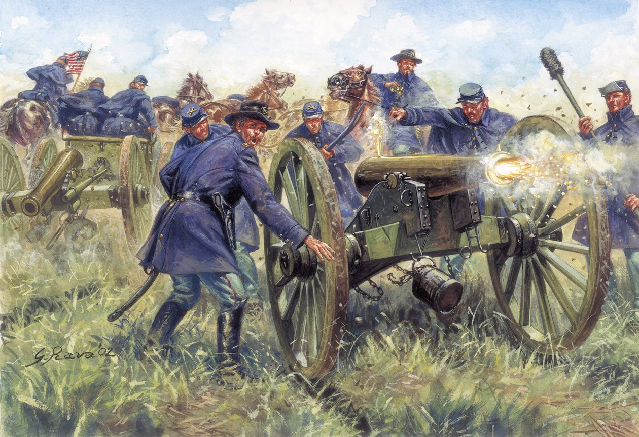 Americká občanská válka: Vojáci Severu (Unie) používající zbraň během bitvy - Ilustrace Giuseppe Rava od Giuseppe Rava