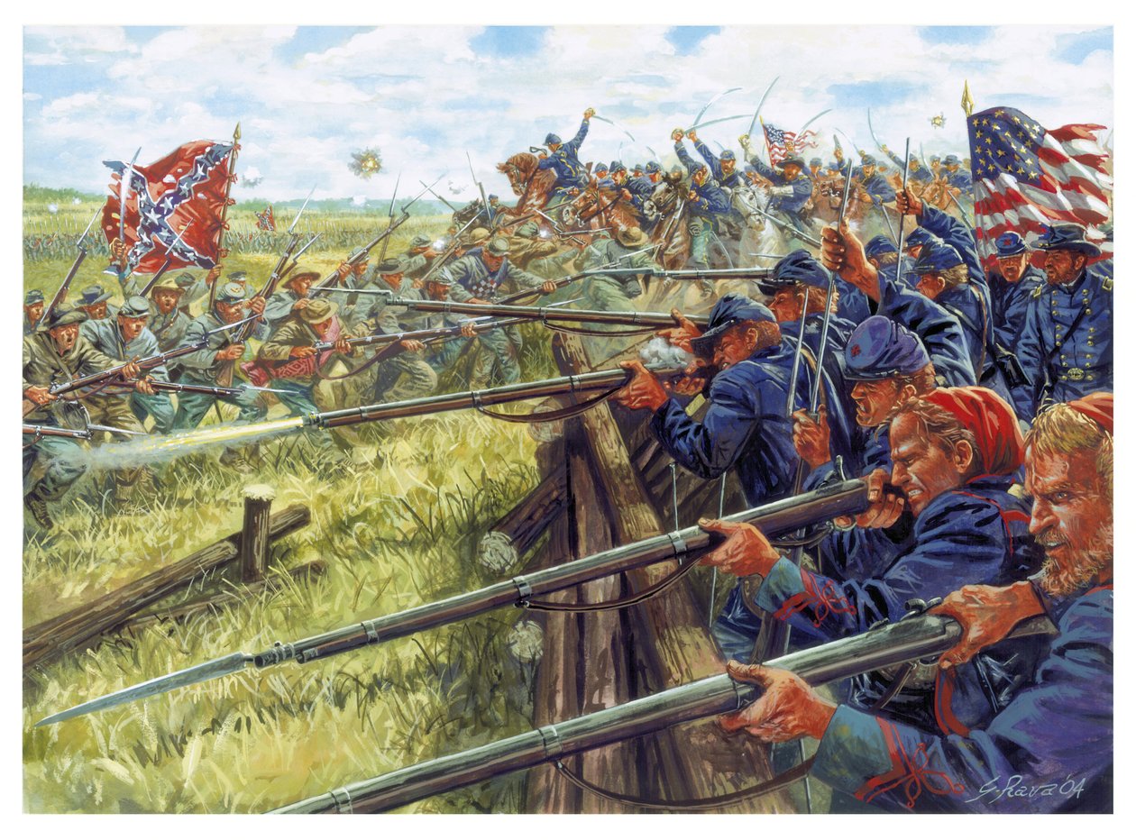 Americká občanská válka: bitva mezi šedými (vlevo vojáci konfederace) a modrými (vojáci Unie) a modrými (vojáci Unie) - Ilustrace Giuseppe Rava od Giuseppe Rava
