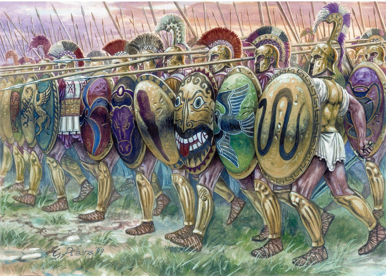 Starověké Řecko: útok hoplítů, pěšáci s těžkými zbraněmi - útok hoplítů, řečtí pěšáci - Ilustrace Giuseppe Rava od Giuseppe Rava