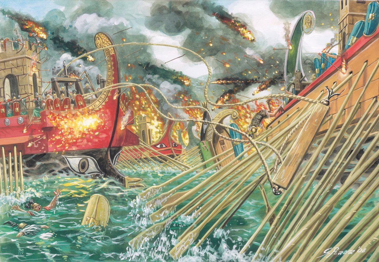 Starověký Řím: bitva u Akcia mezi Octavianovými vojsky a spojenými silami Marka Antonia a Kleopatry VII. 2. září 31 př. n. l. - Ilustrace Giuseppe Rava od Giuseppe Rava