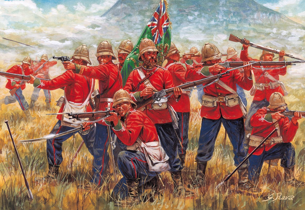 Anglo-Zulská válka: vojáci britského impéria v bitvě u Isandhlwany (Isandlwana nebo Isandula) v Jižní Africe, 22. ledna 1879 - Anglo-Zulská válka: vojáci britského impéria, bitva u Isandlwany 22. ledna 1879 - Ilustrace Giuseppe Rava od Giuseppe Rava