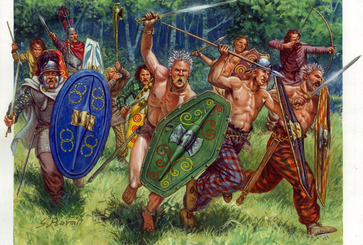 Antiquite: útok galských bojovníků, vlevo v švu - Galští bojovníci útočí, jeden z nich vlevo má na sobě řetězovou zbroj - Ilustrace Giuseppe Rava od Giuseppe Rava