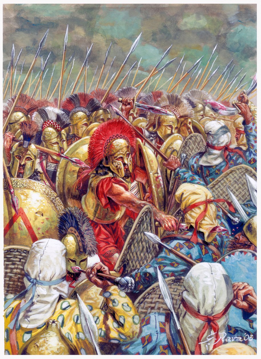 Bitva u Thermopyl: (Perské války/Bitva u Thermopyl 480 př. n. l. - (Spartský král Leonidas a jeho muži padli v bitvě) - Ilustrace Giusep od Giuseppe Rava
