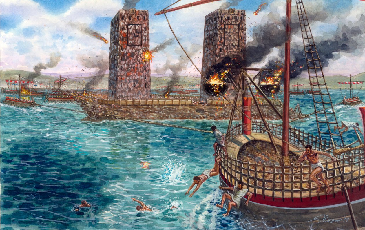 Dobytí Perské říše: obléhání Týru králem Alexandrem Velikým (356-323 př. n. l.) v roce 332 př. n. l. - Obléhání Týru Alexandrem Velikým v roce 332 př. n. l. během jeho tažení proti Peršanům - Ilustrace Giuseppe Rava od Giuseppe Rava
