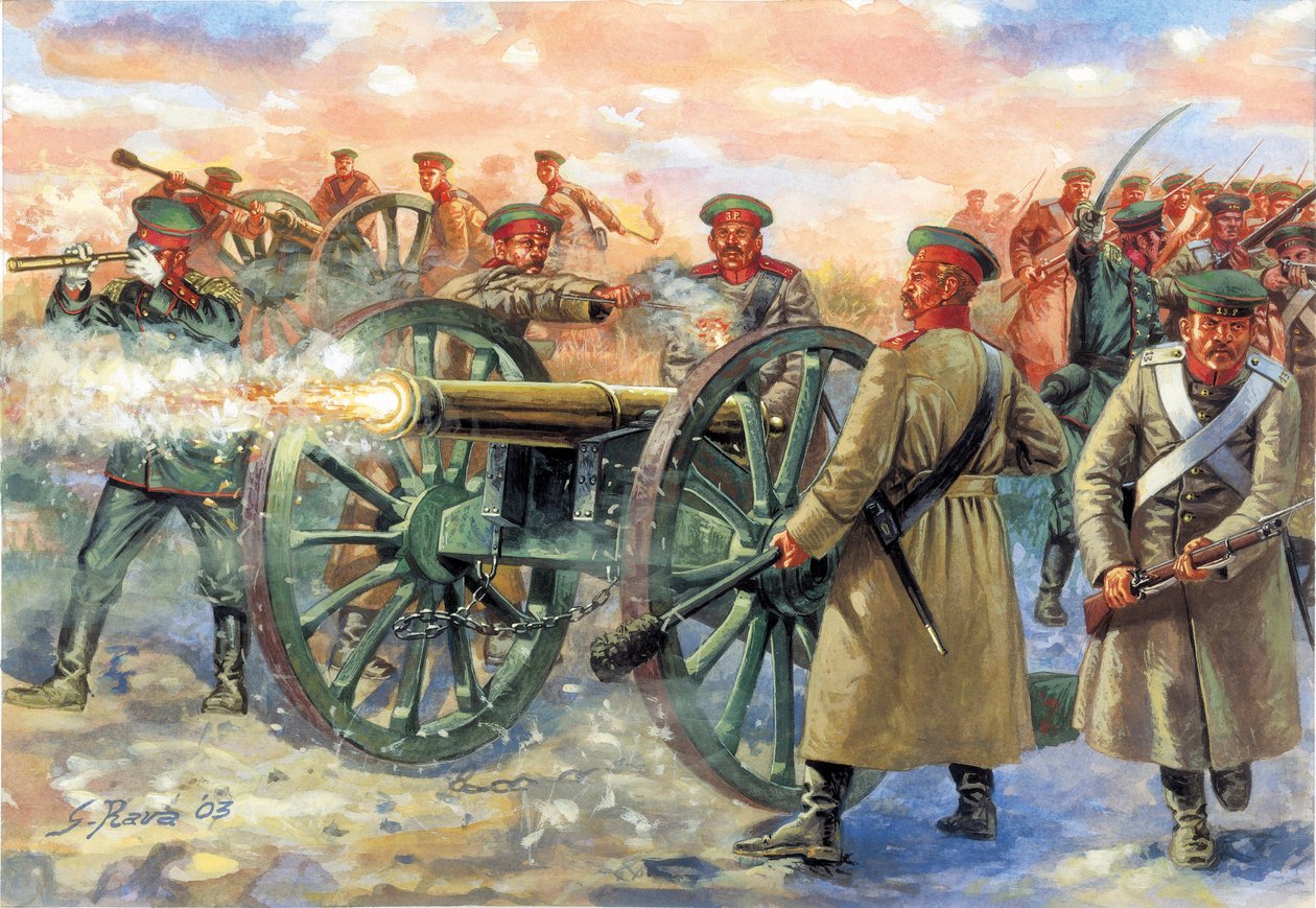 Krymská válka: Krymská válka: ruští vojáci během bitvy u Balaklavy 25. října 1854 - Ilustrace Giuseppe Rava od Giuseppe Rava