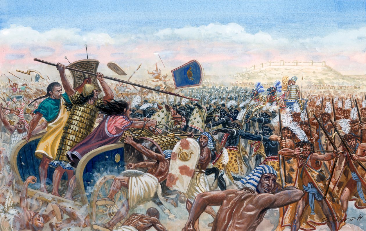 Egyptská antika: útok chetitských tanků Mupatalliho proti egyptské armádě Ramsese II. během bitvy u Kadeše v roce 1274 př. n. l. - armáda Chetitské říše pod vedením Mutalliho II. útočí proti armádě faraona Ramsese II. (1303 př. n. l. - 1213 př. n. l.) běhe od Giuseppe Rava