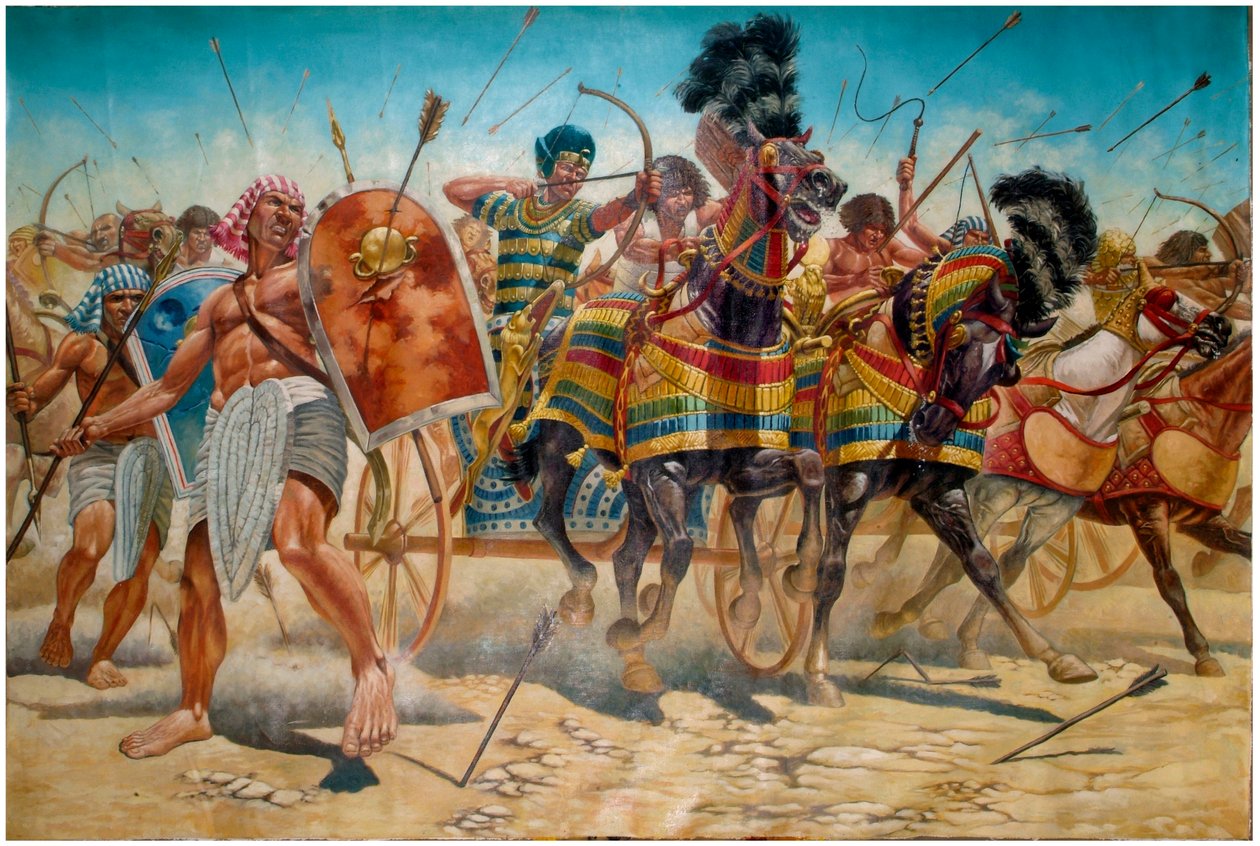Egyptský starověk: vyobrazení faraona Ramsese II (1304-1213 př. n. l.) s armádou, která vede tanky během bitvy u Kadeše v roce 1274 př. n. l. - Faraon Ramses II (1303 př. n. l. ð 1213 př. n. l.) a jeho armáda během bitvy u Kadeše v roce 1274 př. n. l. ve s od Giuseppe Rava