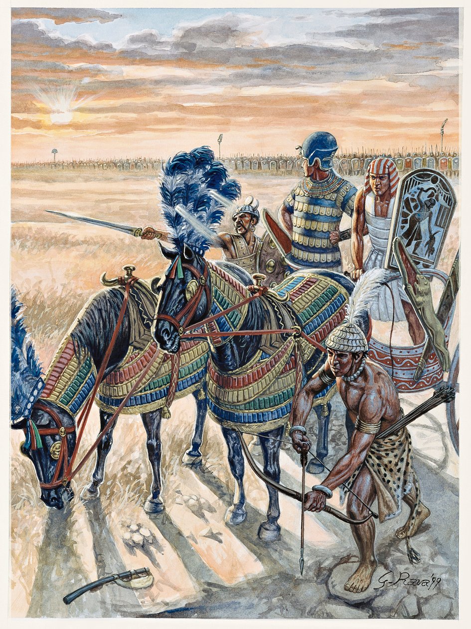 Egyptský starověk: vyobrazení faraona Ramsese II (1304-1213 př. n. l.) s jeho armádou - Faraon Ramses II (1303 př. n. l.-1213 př. n. l.) a jeho armáda ve starém Egyptě - Ilustrace Giuseppe Rava od Giuseppe Rava