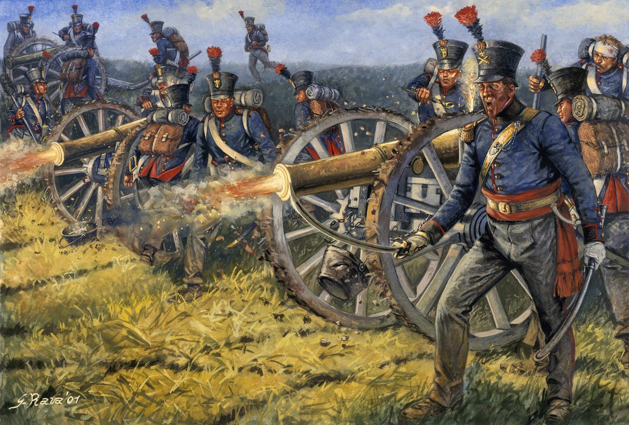 První říše: Nizozemští a belgičtí dělostřelci střílející z děla v bitvě u Waterloo 18/06/1815 - První císařství: vojáci belgického a nizozemského dělostřelectva střílející z děla během bitvy u Waterloo 18. června 1815 - Ilustrace Giuseppe R od Giuseppe Rava