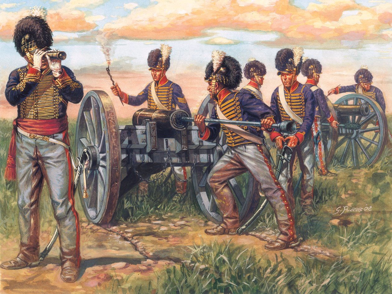 První říše: Angličtí dělostřelci nabíjející dělo v bitvě u Waterloo v roce 1815 - První říše: vojáci britské armády nabíjející dělo v bitvě u Waterloo v roce 1815 - Ilustrace Giuseppe Rava od Giuseppe Rava