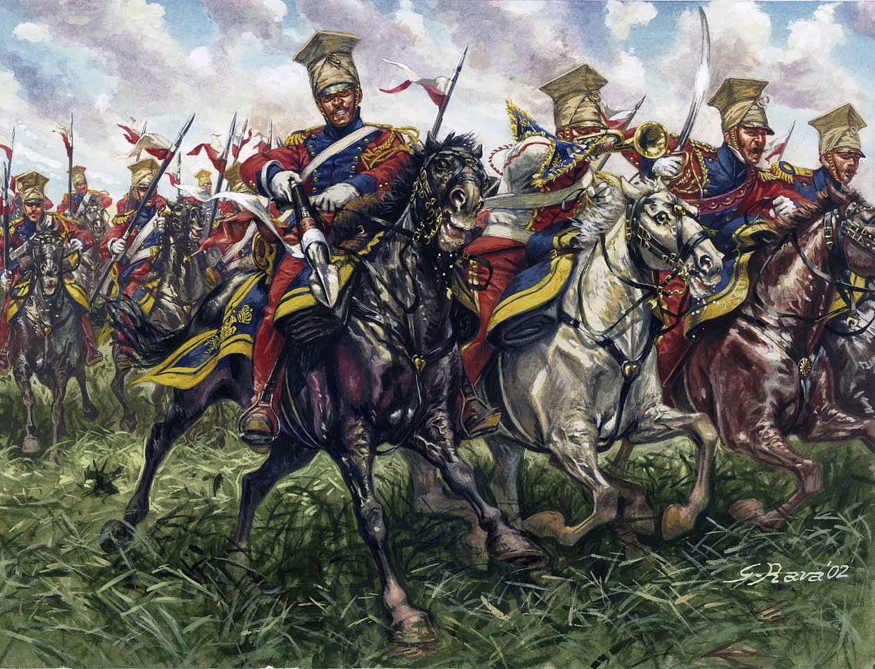 První císařství: Červený pluk kopiníků nebo pluk jízdních legionářů císařské gardy během bitvy u Waterloo 18. 6. 1815 - První císařství: 2. pluk lehkých jízdních kopiníků císařské gardy (Červený pluk kopiníků nebo Rudí kopiníci) během bitvy u Wa od Giuseppe Rava