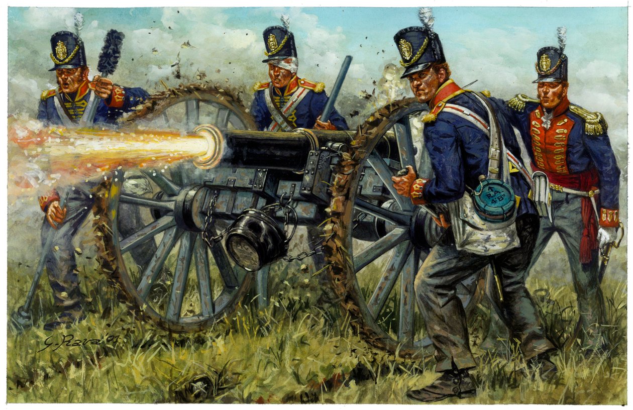 První císařství: Královské pěší dělostřelectvo v bitvě u Waterloo 18. června 1815 - Ilustrace Giuseppe Rava od Giuseppe Rava