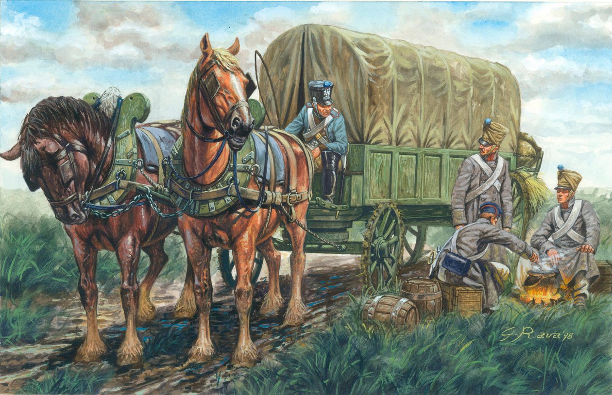 První císařství: vůz s jídlem francouzského pluku - První císařství: Francouzský vůz pro přepravu potravin - Ilustrace Giuseppe Rava od Giuseppe Rava