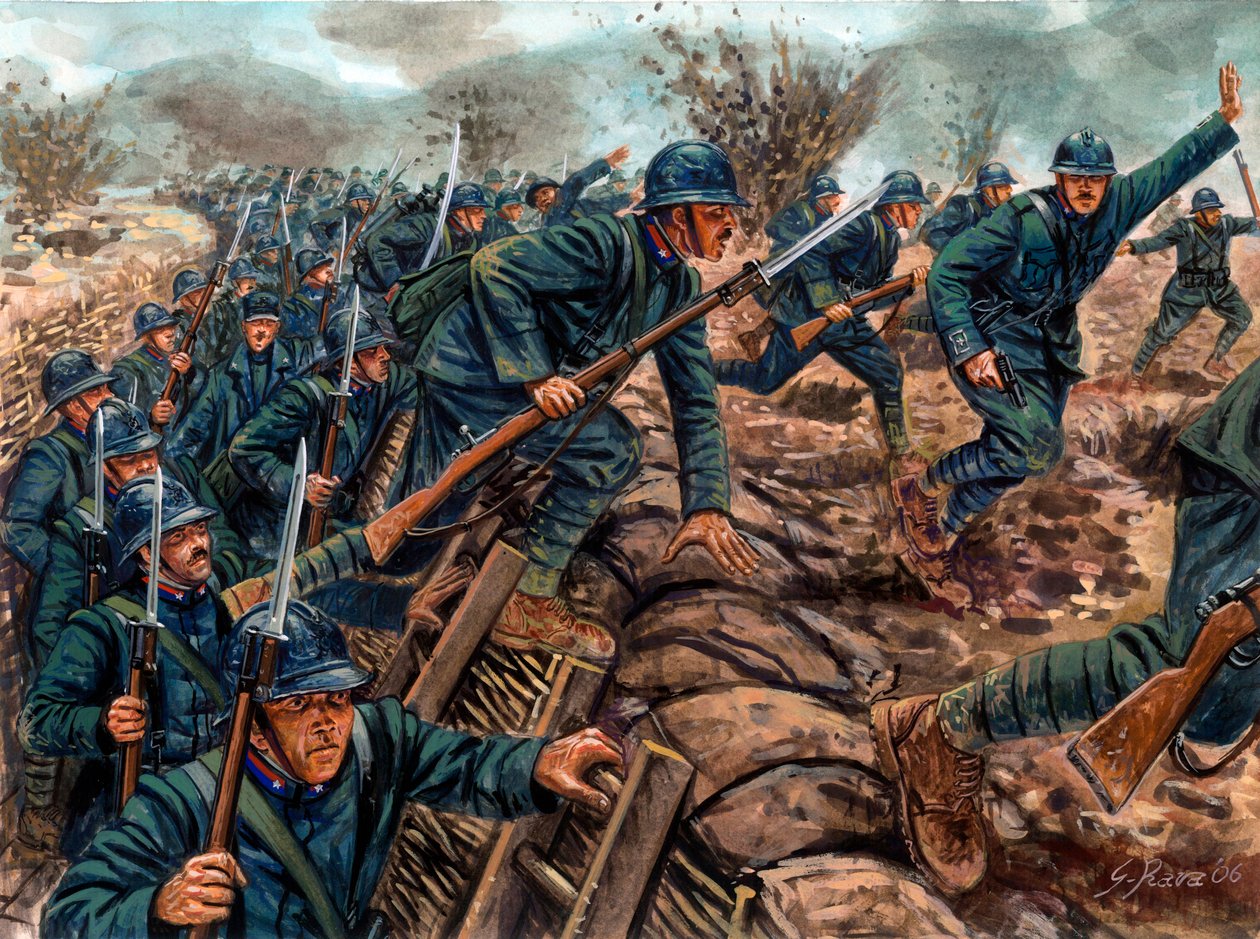 První světová válka: Útok italské pěchoty - 1. světová válka: italští vojáci vybíhají ze zákopu - Ilustrace Giuseppe Rava od Giuseppe Rava