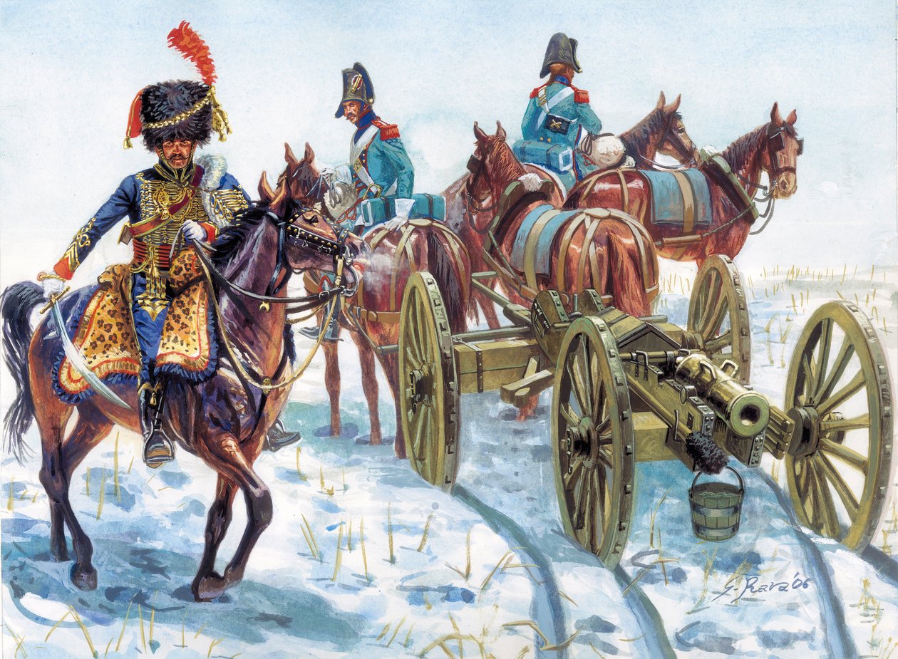 První císařství (1804-1814): tažení dělostřelectva Velké armády na sněhu - První císařství: tažení dělostřelectva na sněhu kavalerií Velké armády - Ilustrace Giuseppe Rava od Giuseppe Rava