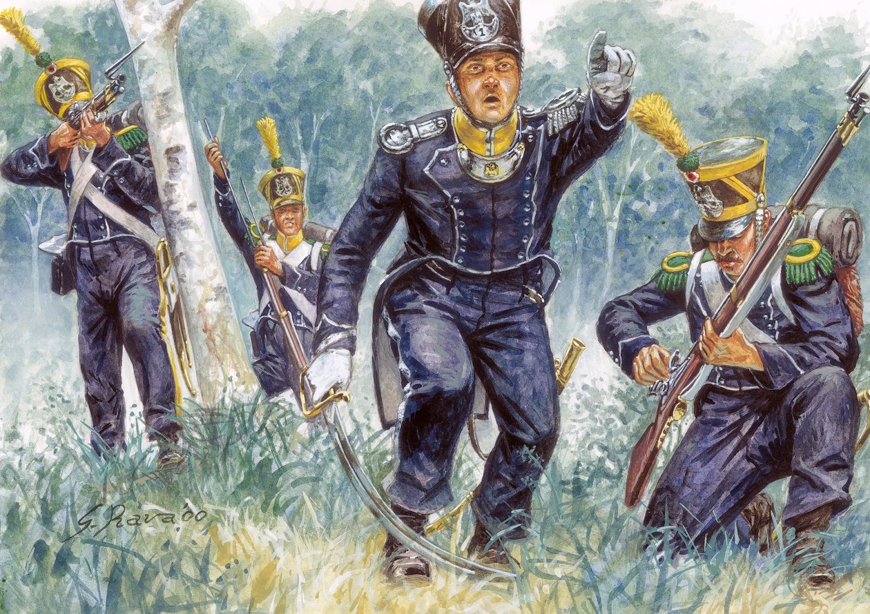 První říše: lehcí pěšáci v lesích - První říše: Ilustrace Giuseppe Rava: Lehcí pěší voltižéři v lese od Giuseppe Rava