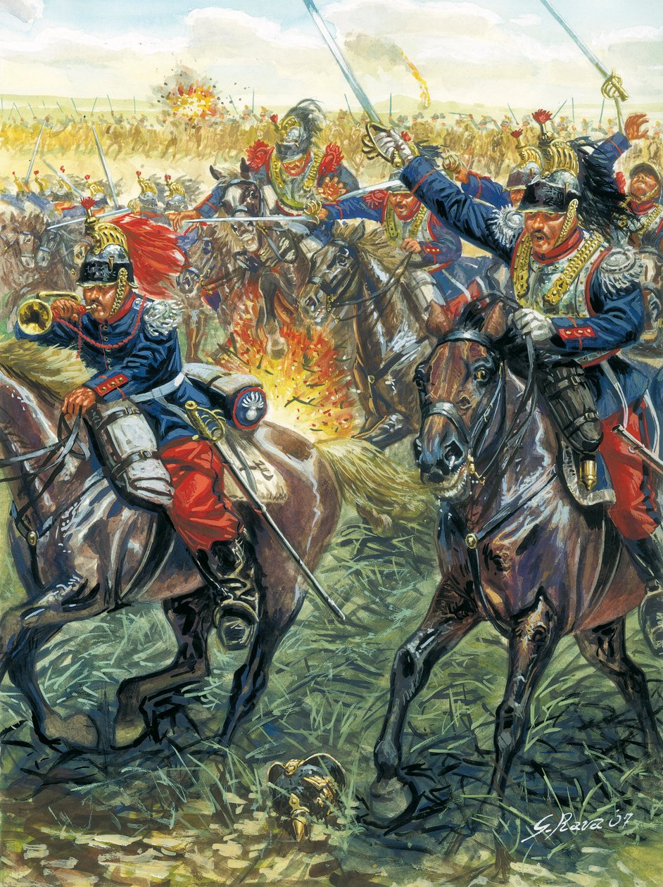 Prusko-francouzská válka 1870: útok francouzských bitevních lodí v bitvě u Froeschwiller Woerth (Froeschwiller-Woerth) 6. 8. 1870 - Prusko-francouzská válka: bitva u Worthu (Reichshoffen nebo Froschweiler) (1870): Útok francouzského jezdectva, srpen od Giuseppe Rava
