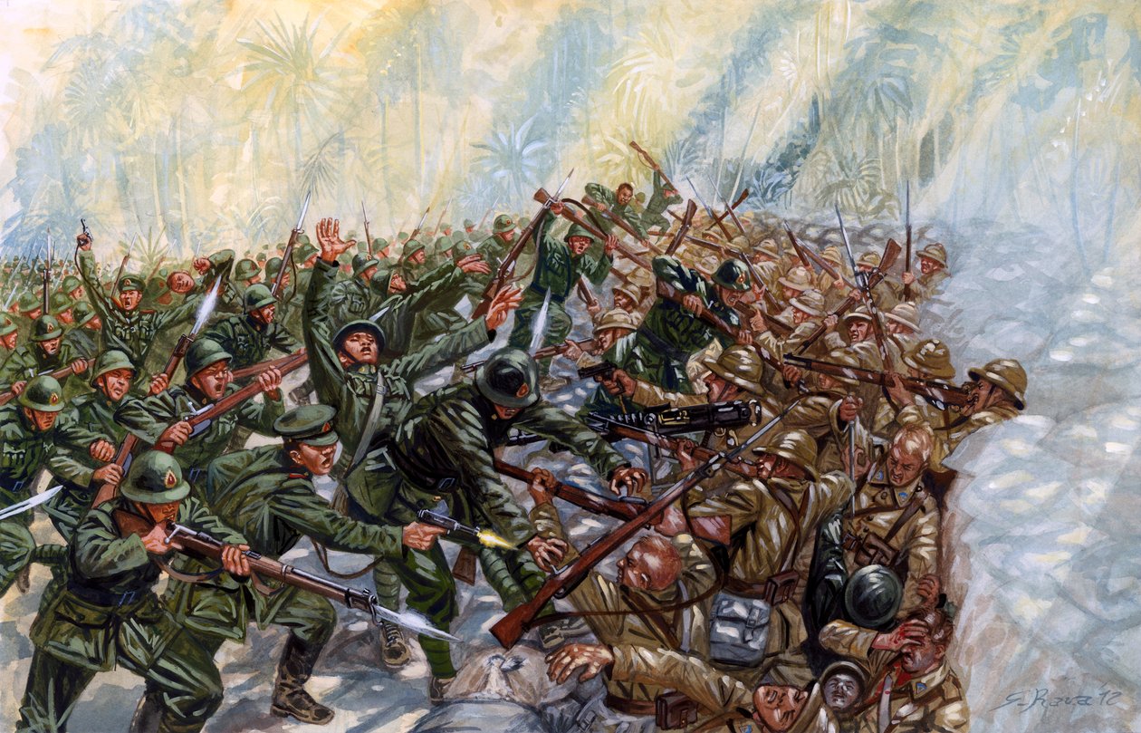 Francouzsko-thajská válka (1940-1941): bitva mezi thajskou armádou generála Plaeka Pibulsonggrama dit Phibuna a francouzskou armádou vichistické vlády v Indočíně - Francouzsko-thajská válka: bitva mezi Thajskem a vichistickou Francií - ilustrace Gius od Giuseppe Rava
