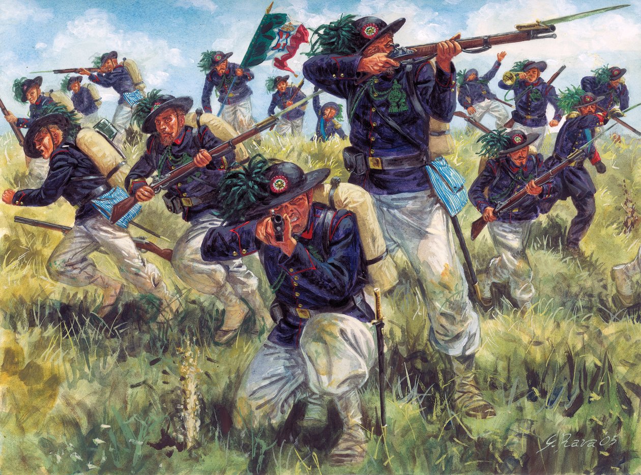 Italské tažení roku 1859 (druhá italská válka za nezávislost): bersaglieři italské armády v akci - Druhá italská válka za nezávislost (francouzsko-rakouská válka, rakousko-sardinská válka, rakousko-piedmontská válka nebo italská válka roku 1859): italský b od Giuseppe Rava