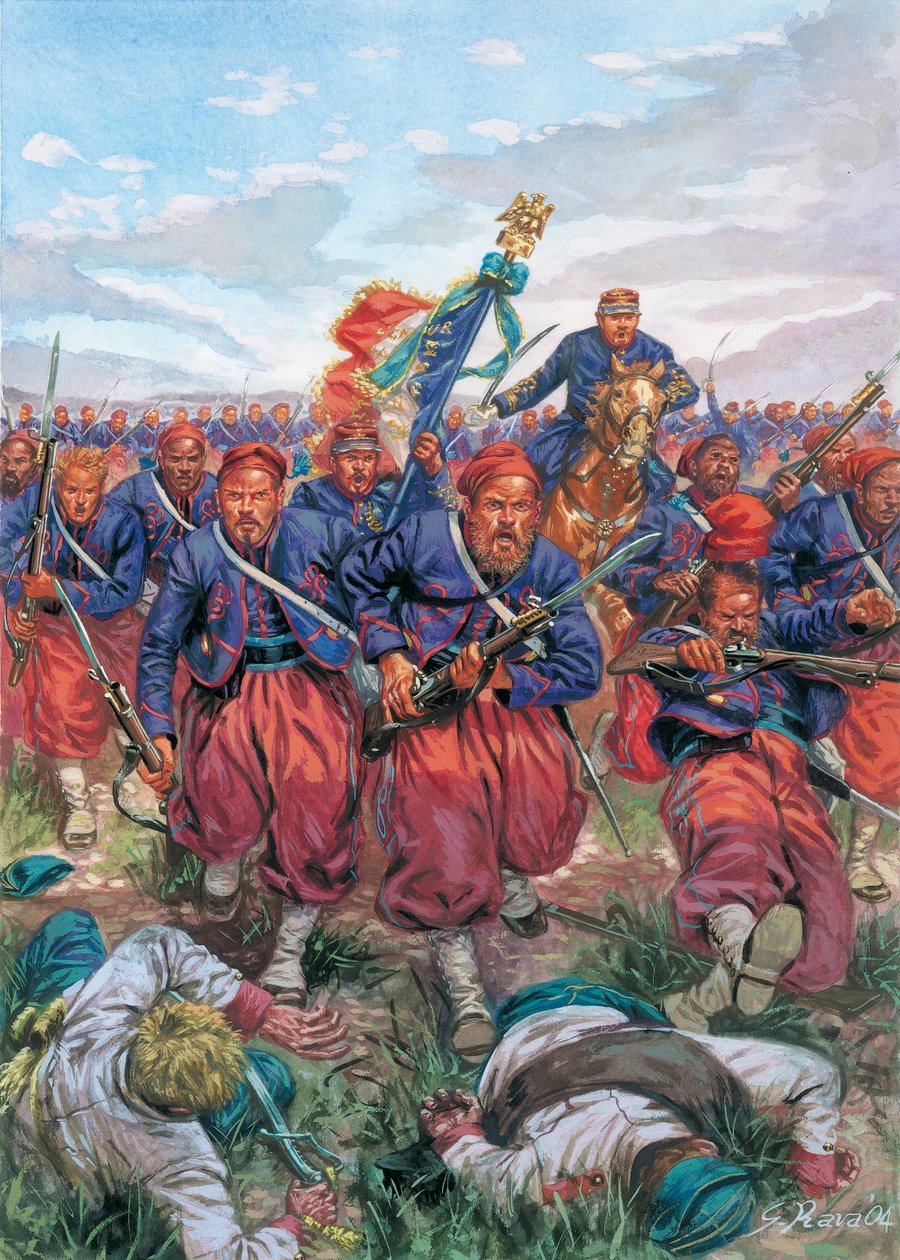 Italské tažení roku 1859 (druhá italská válka za nezávislost): útok zouvů francouzské armády Napoleona III. během bitvy u Solferina 24. 6. 1859 - Druhá italská válka za nezávislost (francouzsko-rakouská válka, rakousko-sardinská válka, rakousko-polská válk od Giuseppe Rava