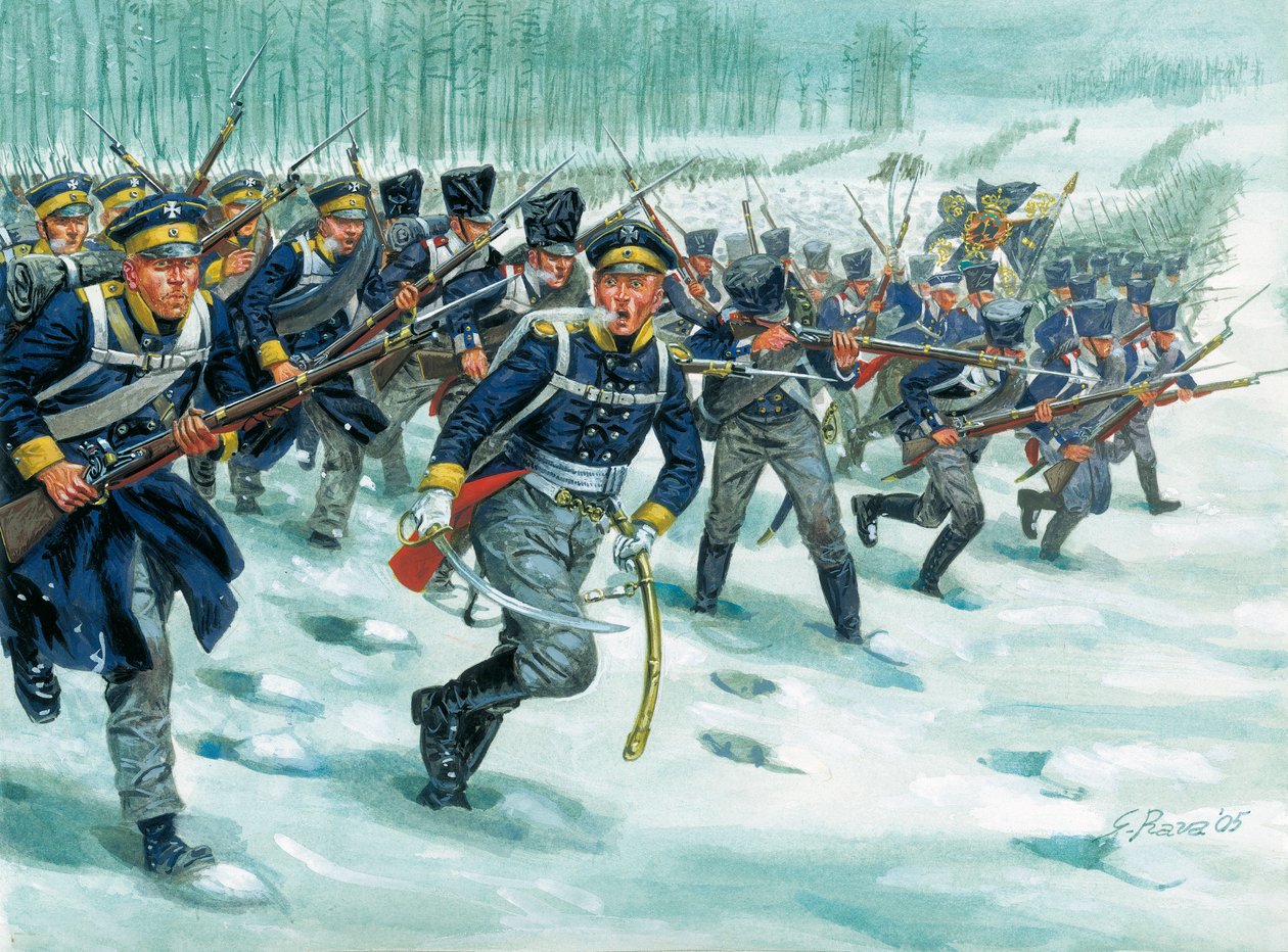 Landwehr (nebo Landeswehr) pruské pěchoty na sněhu od Giuseppe Rava