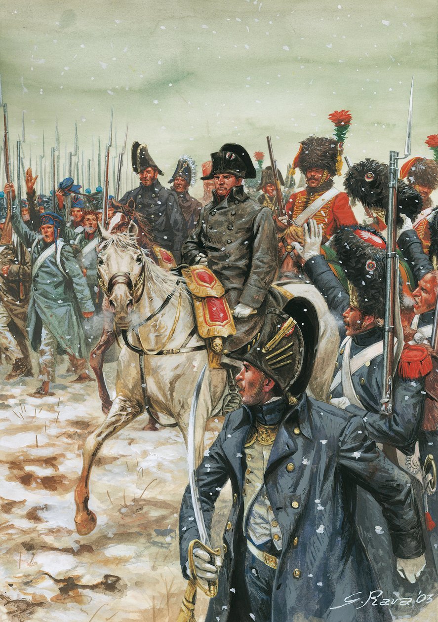 Ať žije císař! Císař Napoleon I. (1769-1821) obkličuje svou armádu během francouzského tažení v lednu 1814" - Válka šesté koalice, bitvy ve Francii, císař Napoleon I. obkličován svou armádou během francouzského tažení - Ilustrace G od Giuseppe Rava