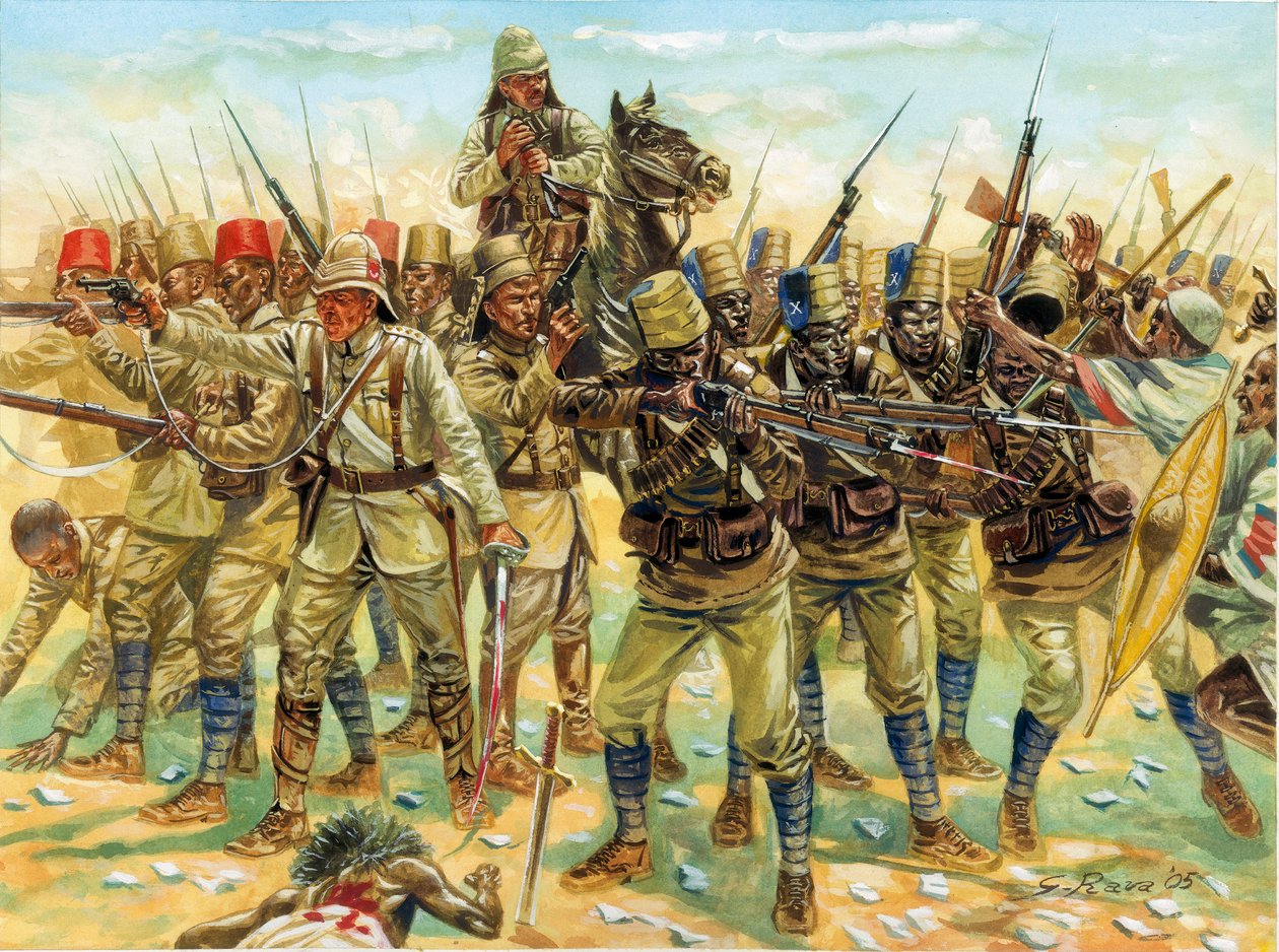 Mahdistická válka (Súdánská válka) (1881-1899): přítomnost vojsk v bitvě u Omdurmánu (vpravo súdánští dervišové a vlevo anglo-egyptská armáda) 2. 9. 1898 - Mahdistická válka (nebo Mahdistické povstání): Bitva u Omdurmánu (2. září 1898) mezi súdánskými a od Giuseppe Rava